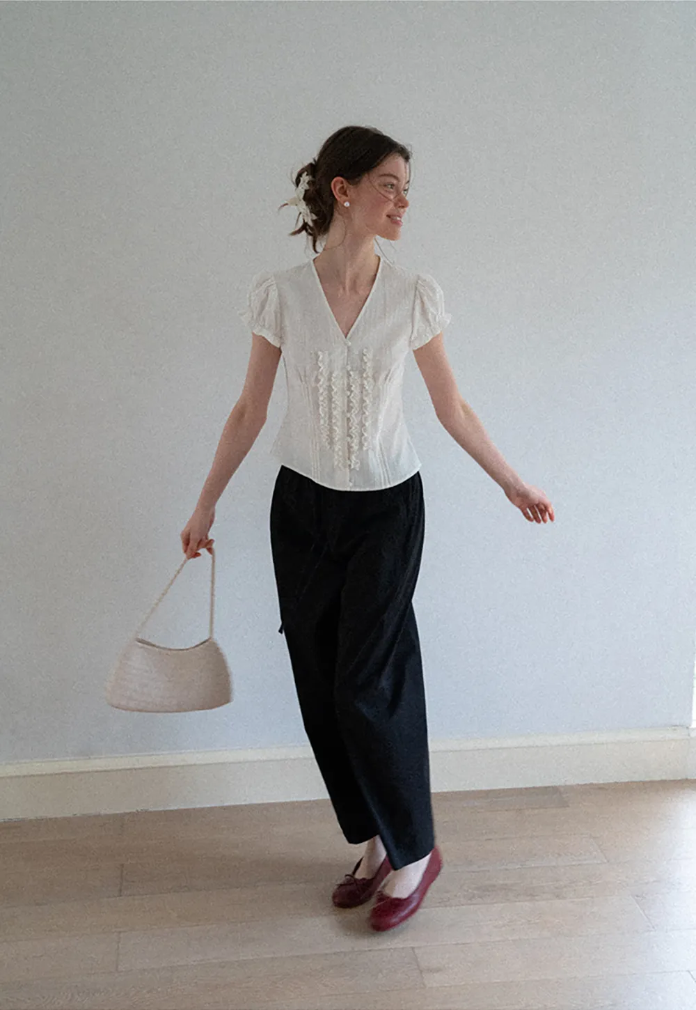Ruffled Trim V Neck Puff Sleeve Blouse