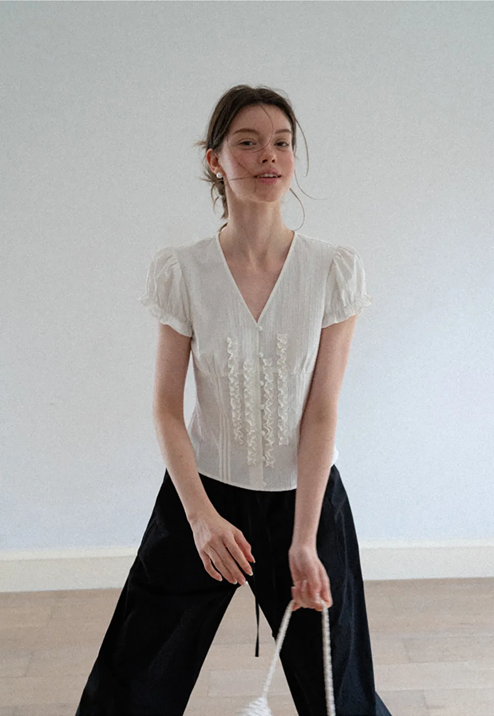Ruffled Trim V Neck Puff Sleeve Blouse