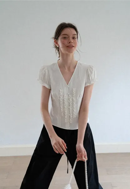 Ruffled Trim V Neck Puff Sleeve Blouse