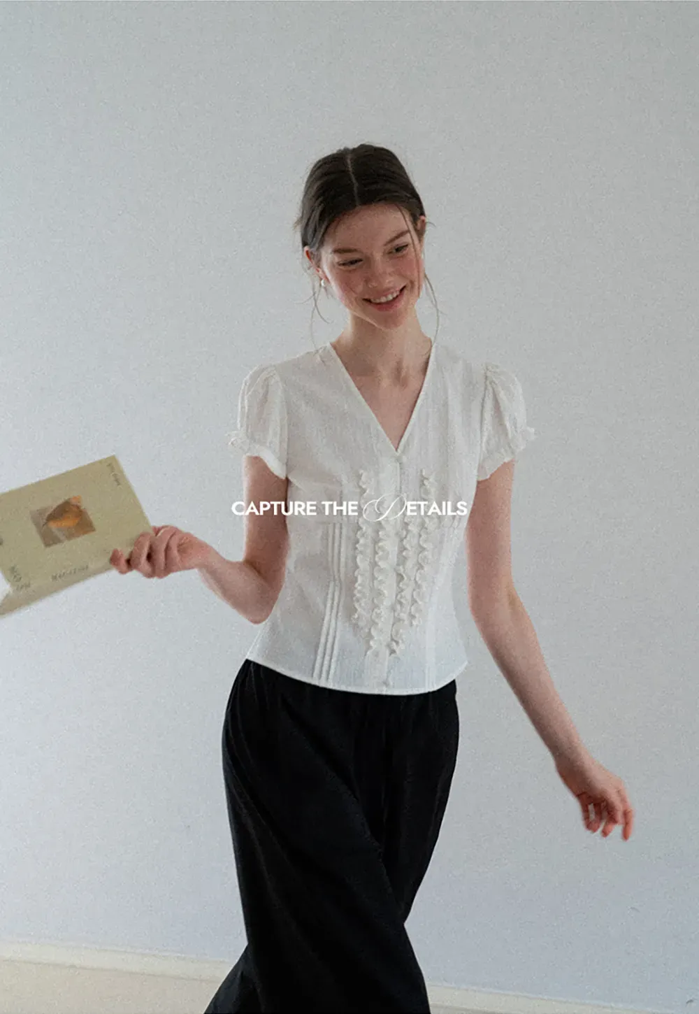 Ruffled Trim V Neck Puff Sleeve Blouse