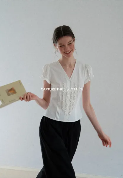 Ruffled Trim V Neck Puff Sleeve Blouse