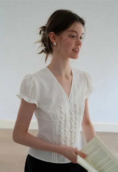 Ruffled Trim V Neck Puff Sleeve Blouse