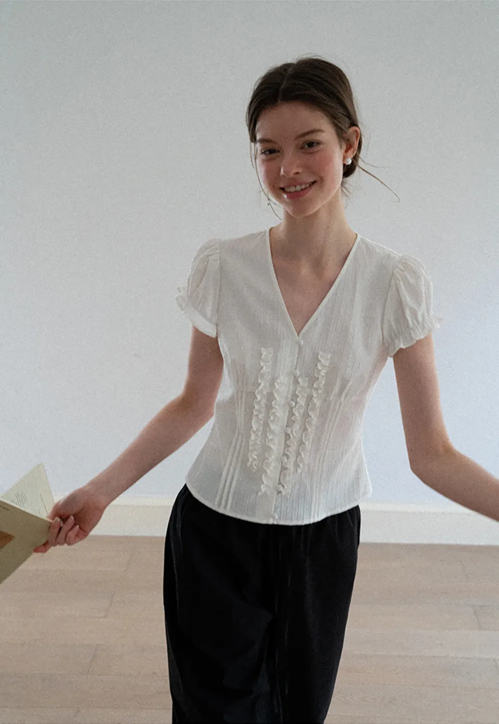 Ruffled Trim V Neck Puff Sleeve Blouse