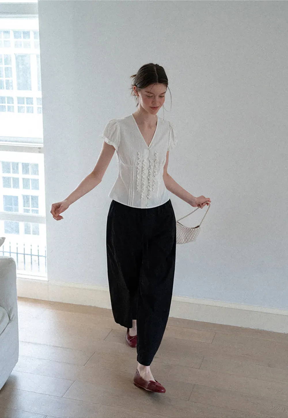 Ruffled Trim V Neck Puff Sleeve Blouse