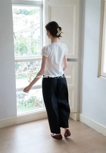 Ruffled Trim V Neck Puff Sleeve Blouse