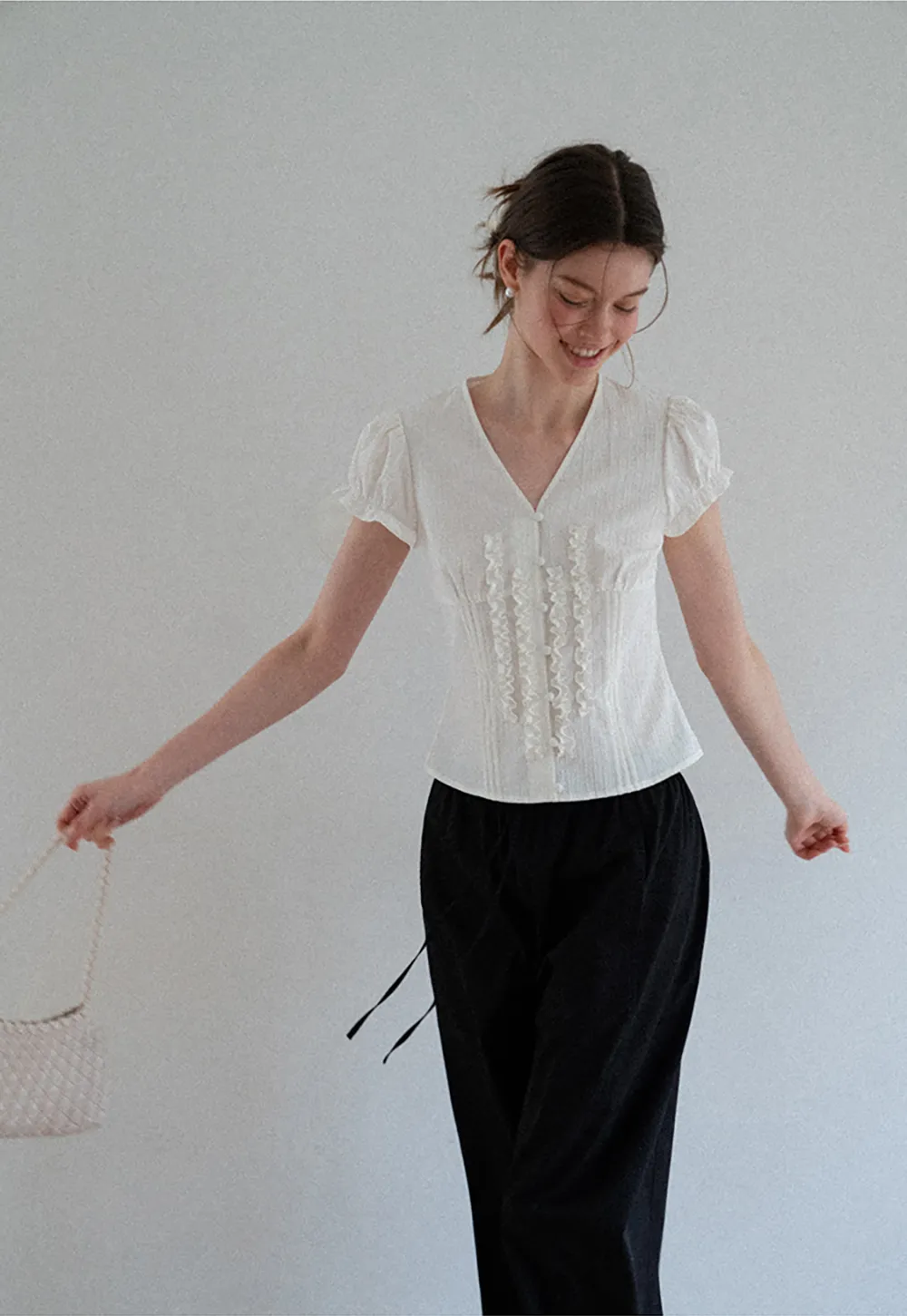 Ruffled Trim V Neck Puff Sleeve Blouse