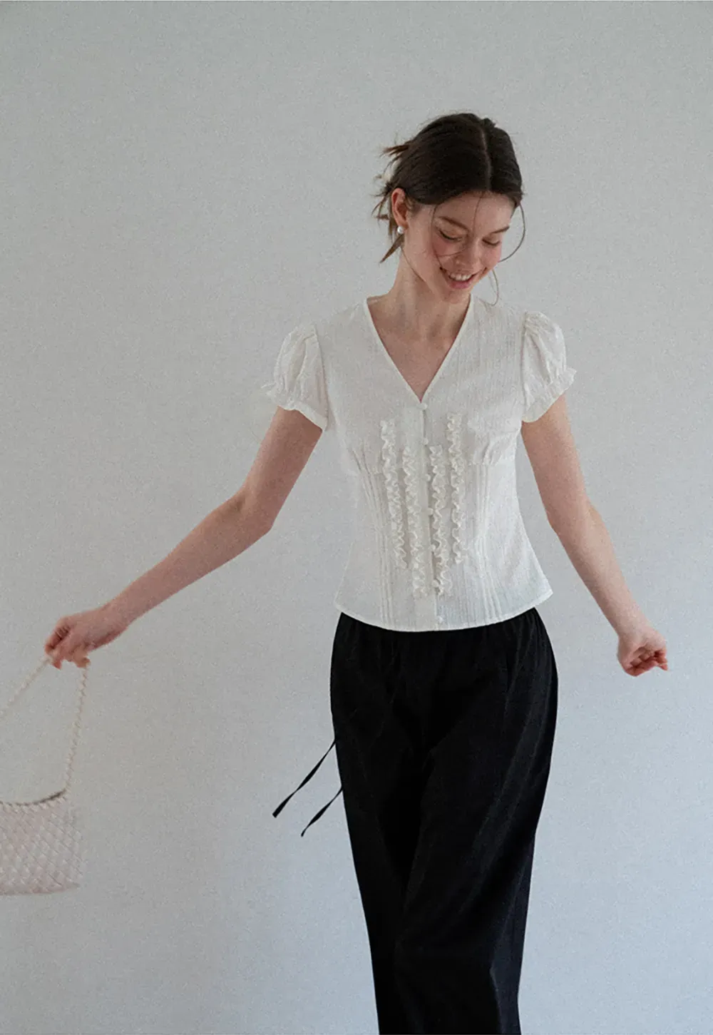 Ruffled Trim V Neck Puff Sleeve Blouse