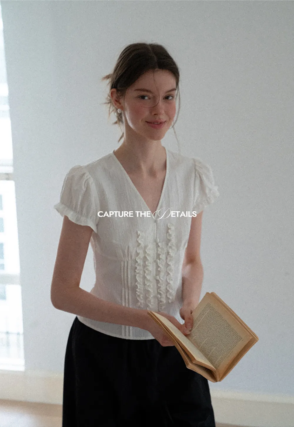 Ruffled Trim V Neck Puff Sleeve Blouse