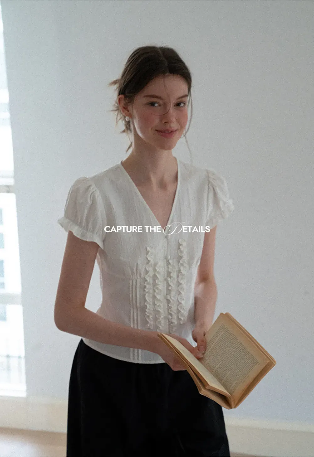 Ruffled Trim V Neck Puff Sleeve Blouse