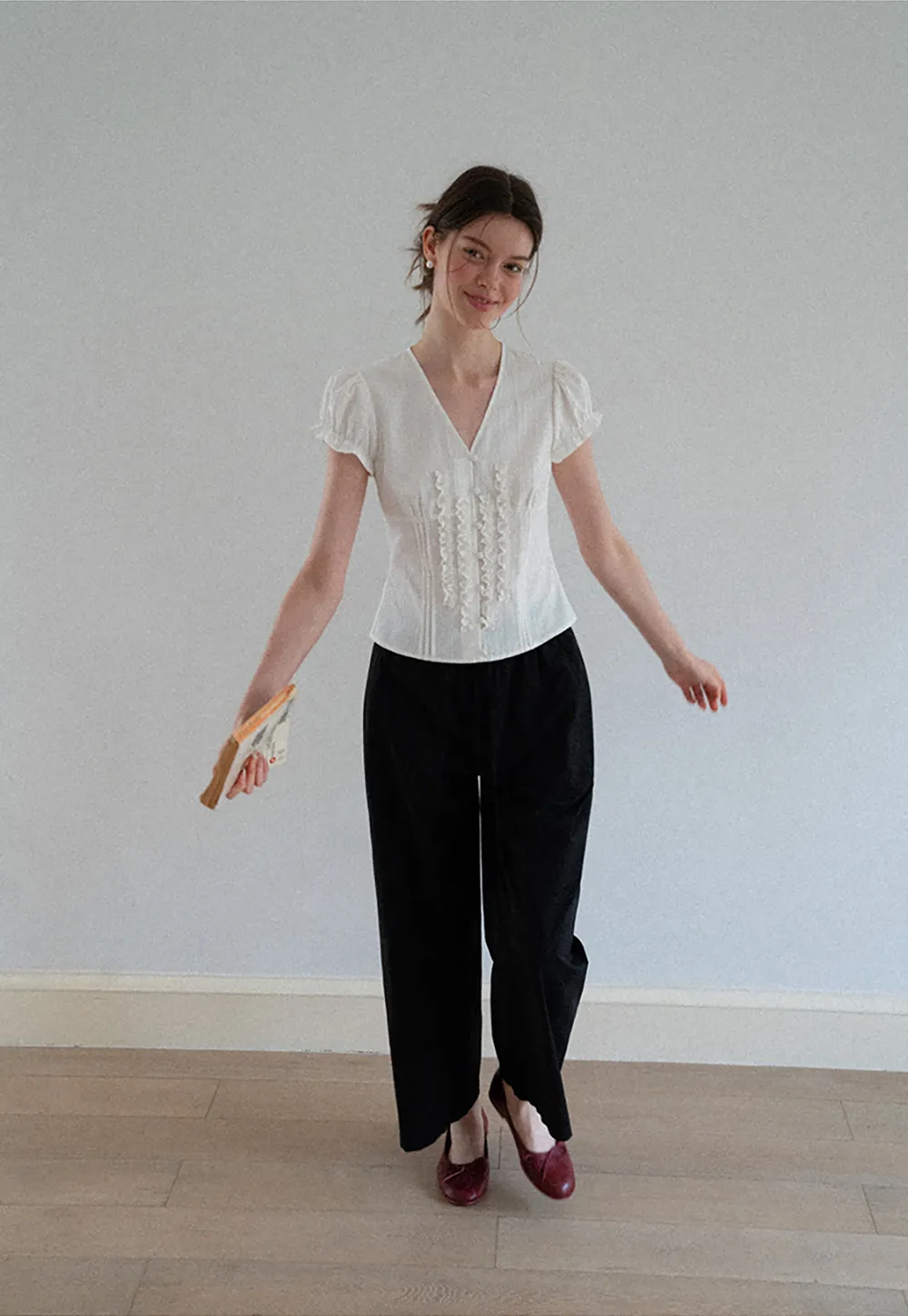 Ruffled Trim V Neck Puff Sleeve Blouse