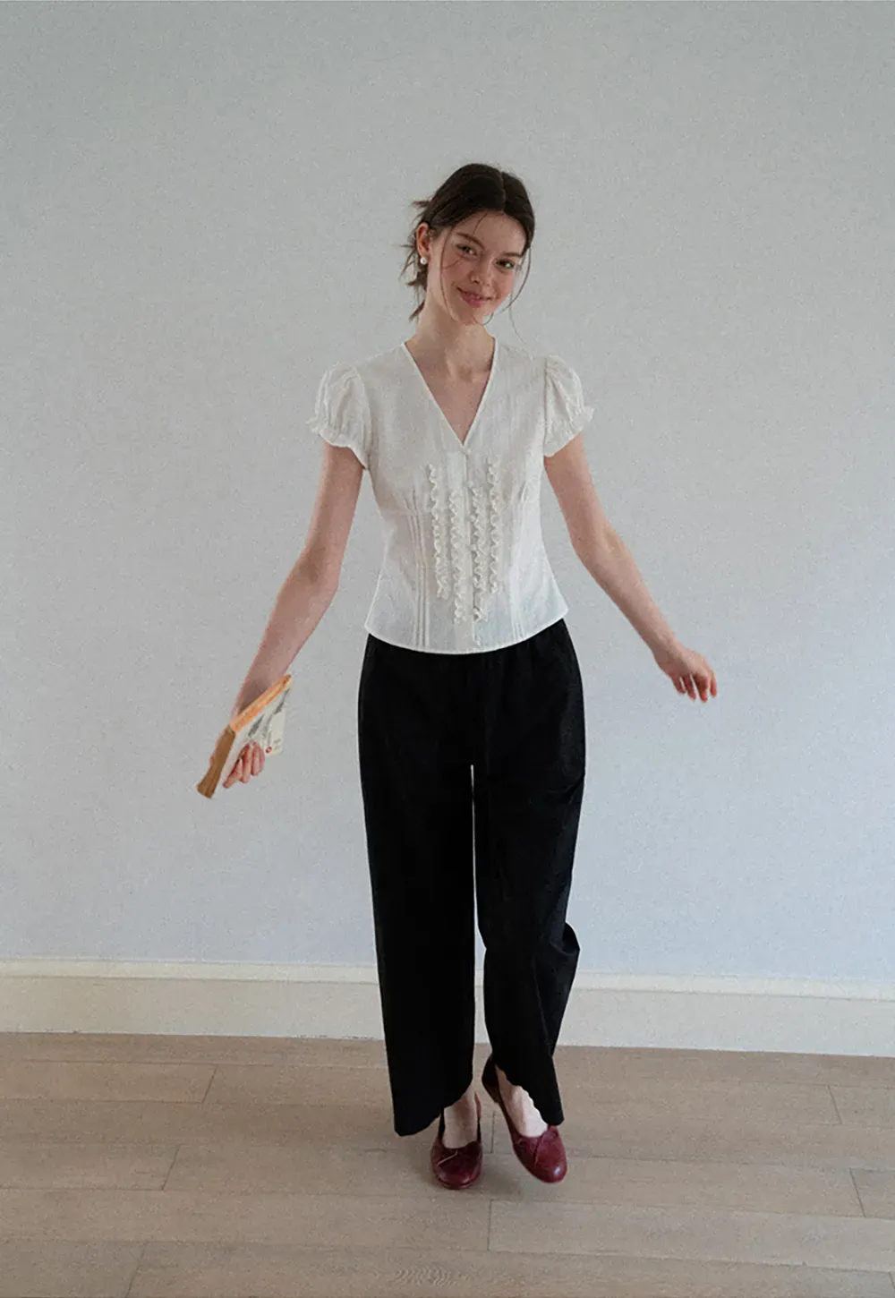 Ruffled Trim V Neck Puff Sleeve Blouse