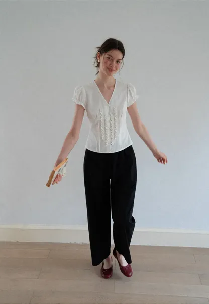 Ruffled Trim V Neck Puff Sleeve Blouse