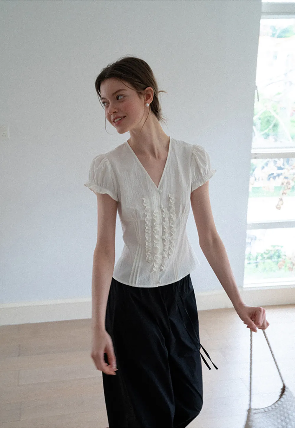 Ruffled Trim V Neck Puff Sleeve Blouse