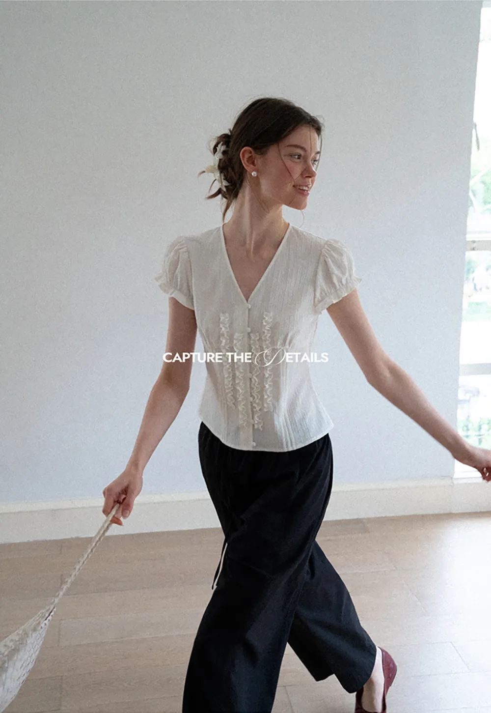 Ruffled Trim V Neck Puff Sleeve Blouse