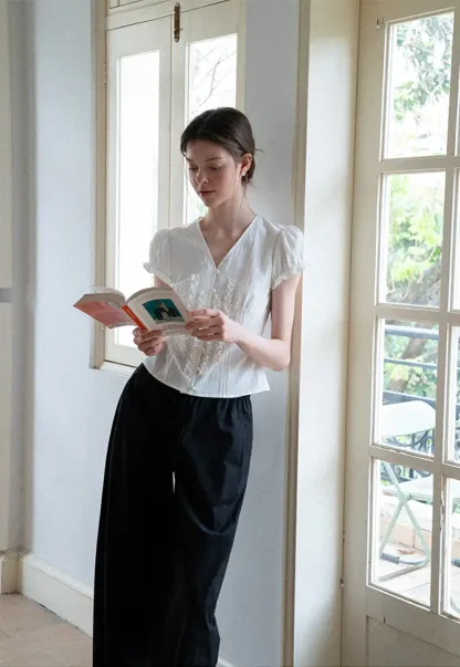 Ruffled Trim V Neck Puff Sleeve Blouse