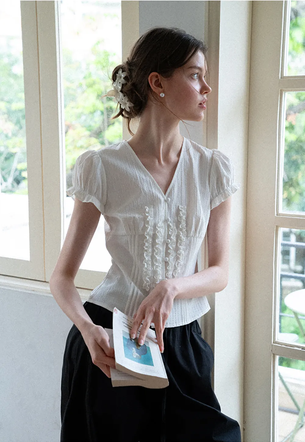 Ruffled Trim V Neck Puff Sleeve Blouse