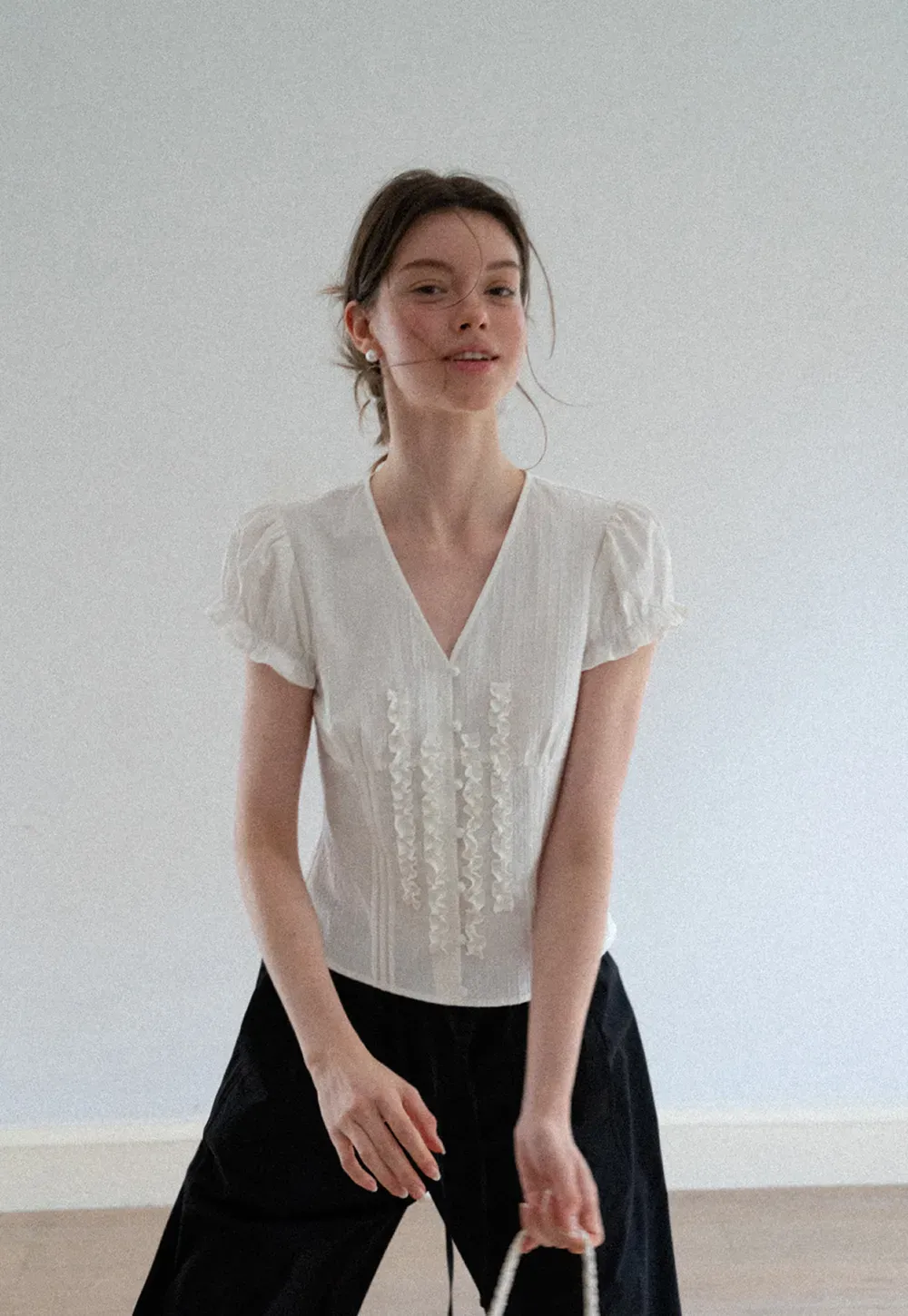 Ruffled Trim V Neck Puff Sleeve Blouse