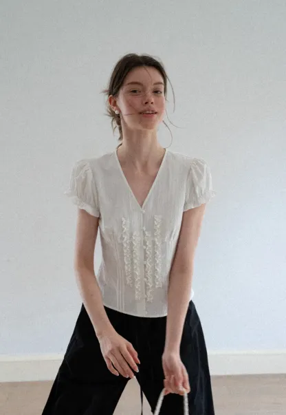 Ruffled Trim V Neck Puff Sleeve Blouse