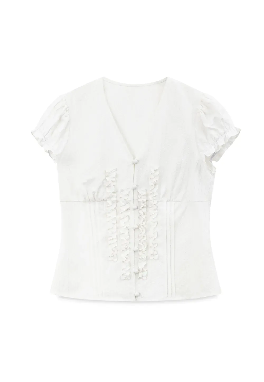 Ruffled Trim V Neck Puff Sleeve Blouse