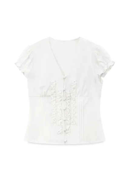 Ruffled Trim V Neck Puff Sleeve Blouse