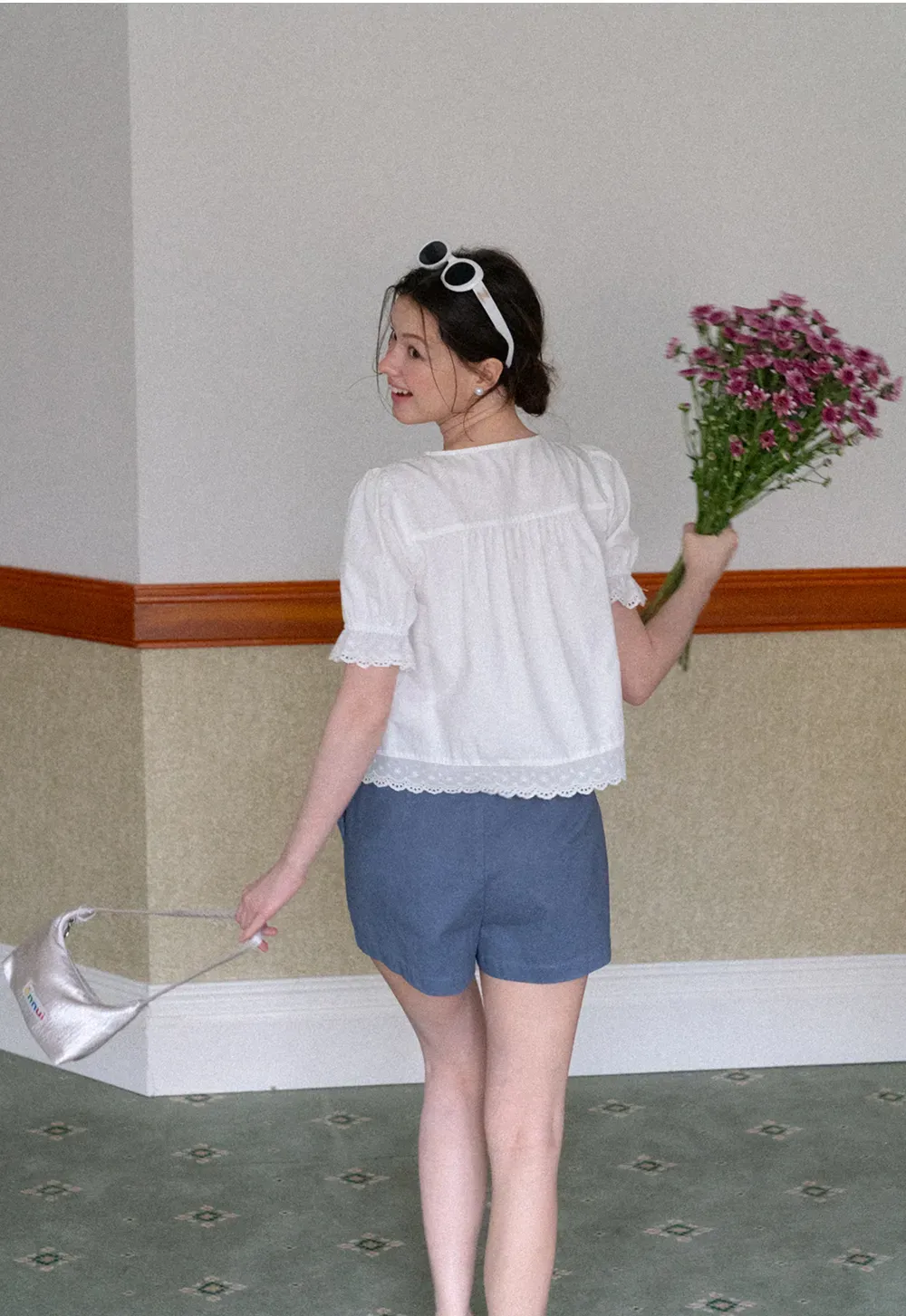 Lace Trim Puffed Sleeve Button Front Shirt