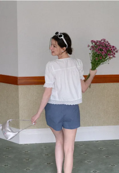 Lace Trim Puffed Sleeve Button Front Shirt