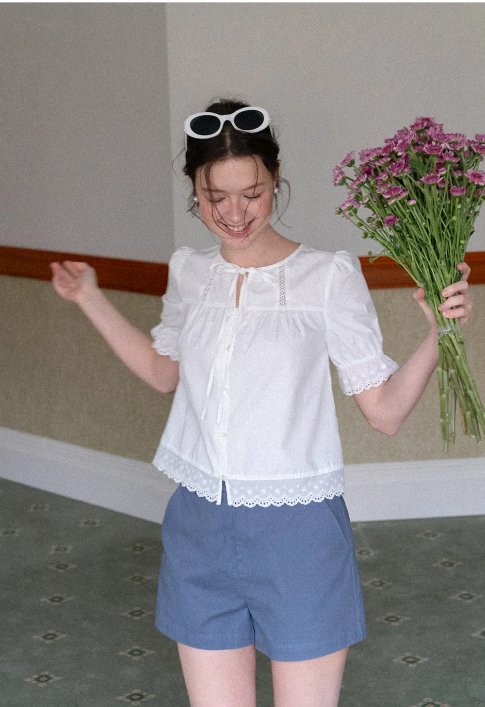 Lace Trim Puffed Sleeve Button Front Shirt