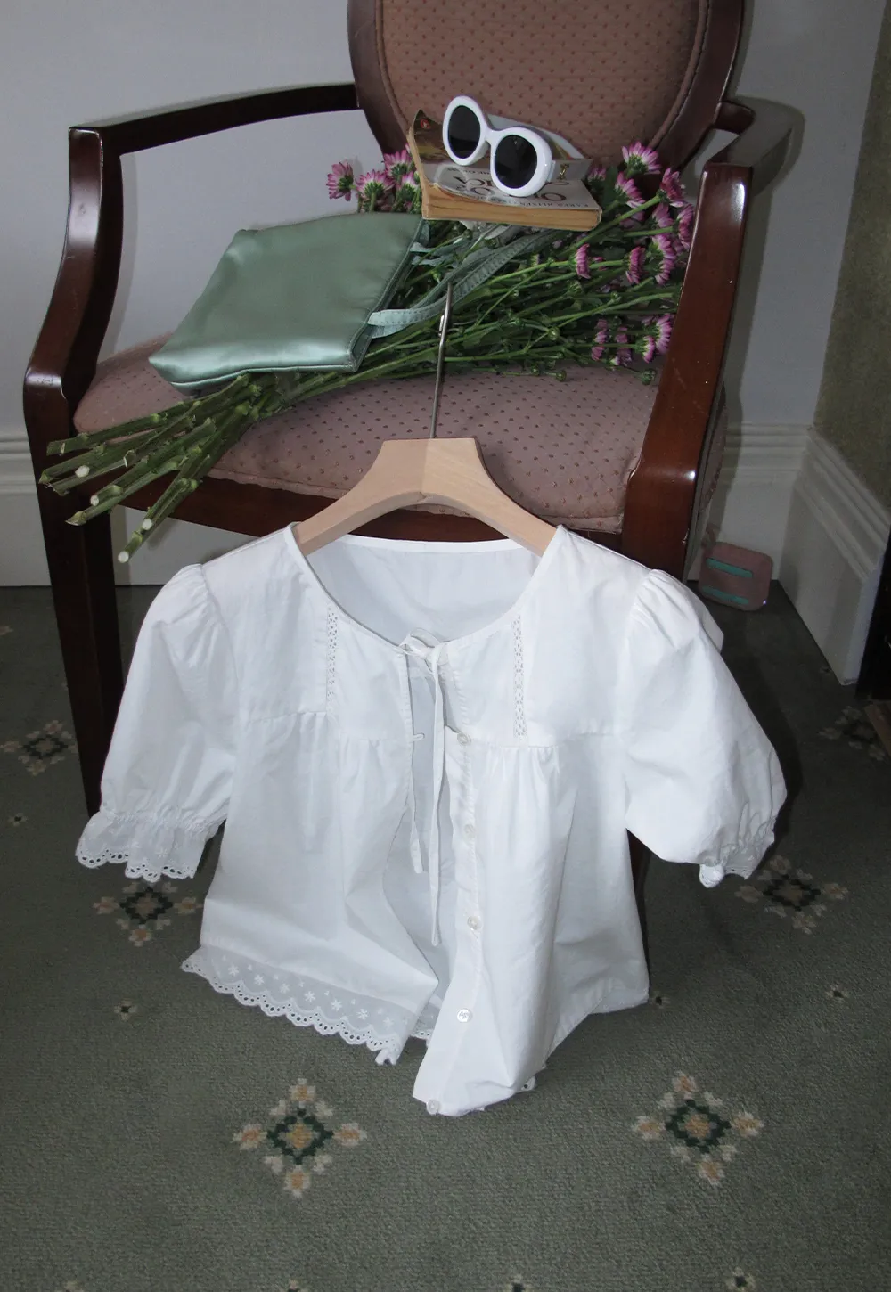 Lace Trim Puffed Sleeve Button Front Shirt