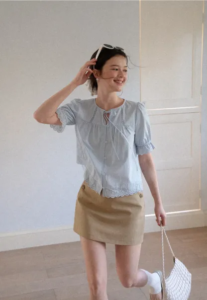Lace Trim Puffed Sleeve Button Front Shirt