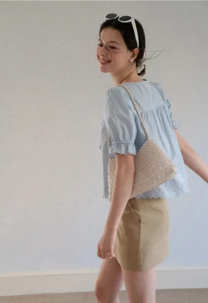 Lace Trim Puffed Sleeve Button Front Shirt