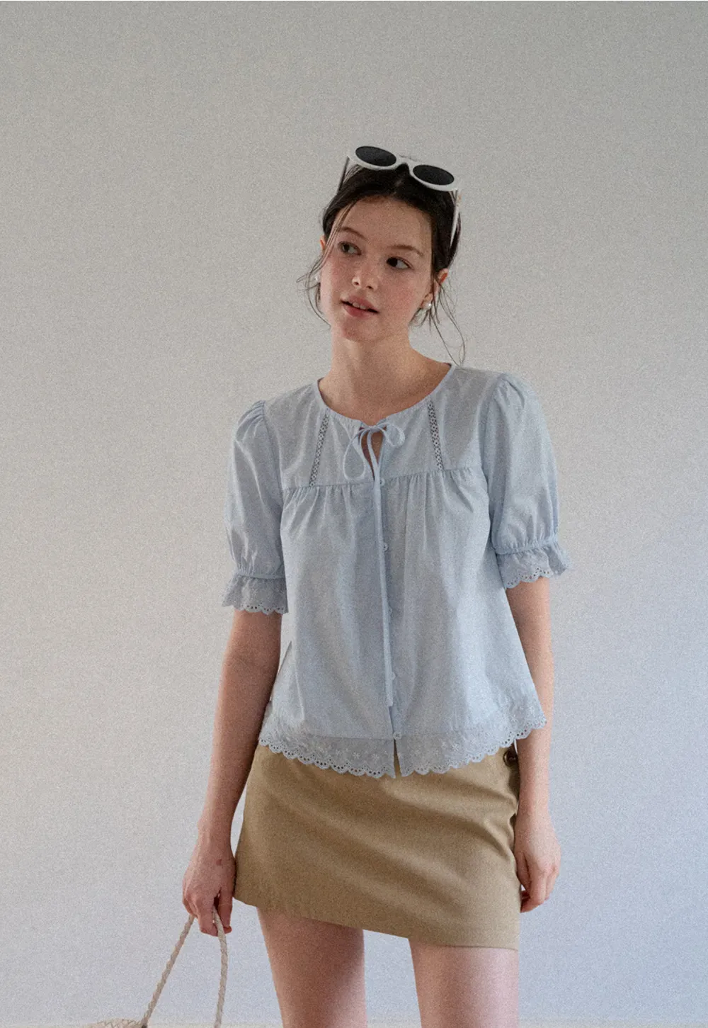 Lace Trim Puffed Sleeve Button Front Shirt