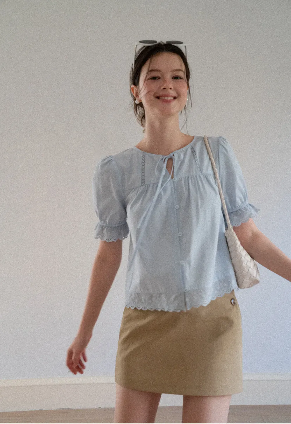 Lace Trim Puffed Sleeve Button Front Shirt