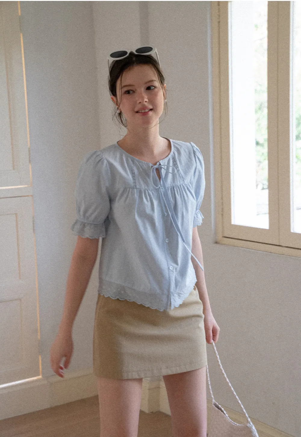 Lace Trim Puffed Sleeve Button Front Shirt