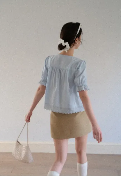 Lace Trim Puffed Sleeve Button Front Shirt