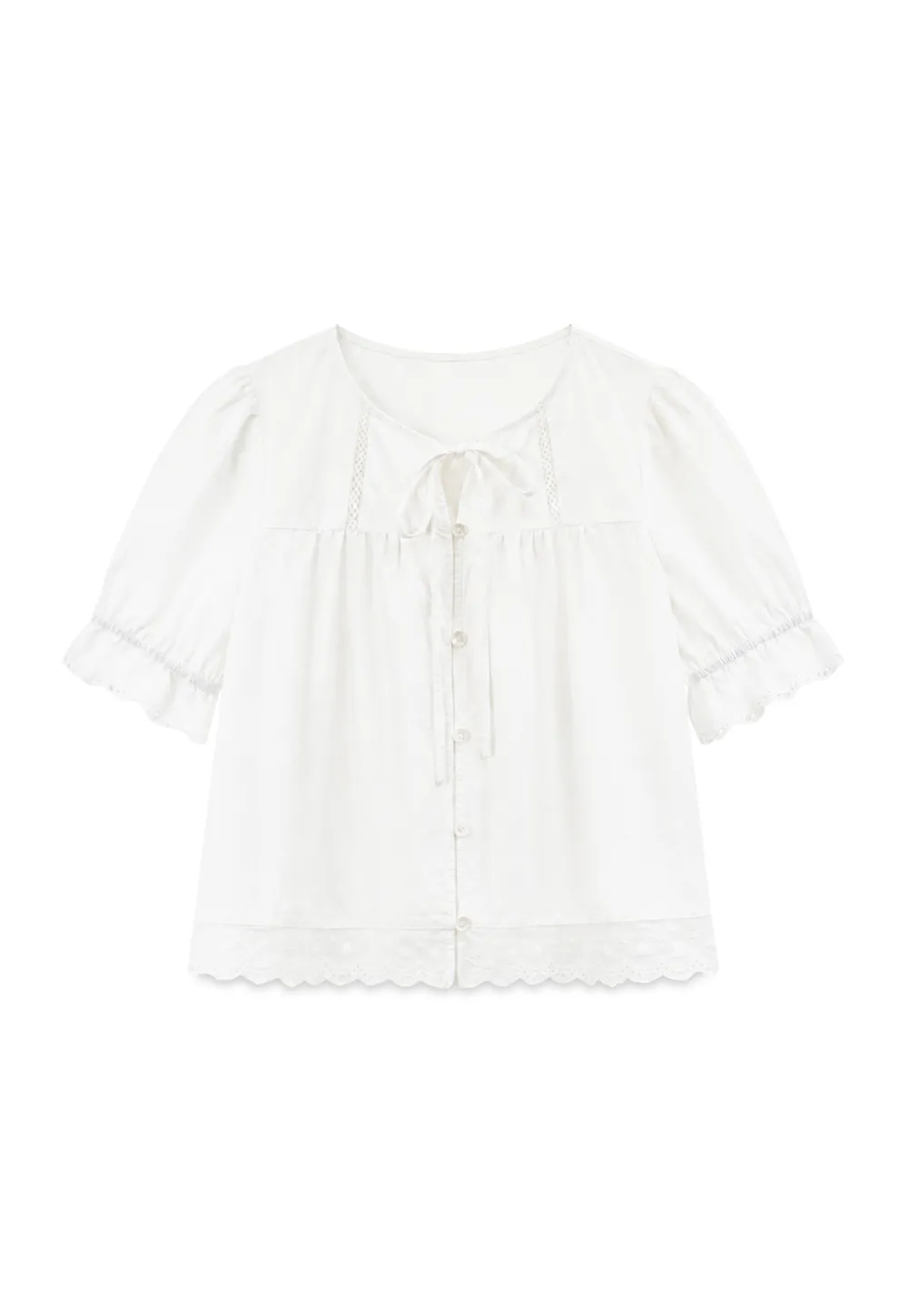 Lace Trim Puffed Sleeve Button Front Shirt