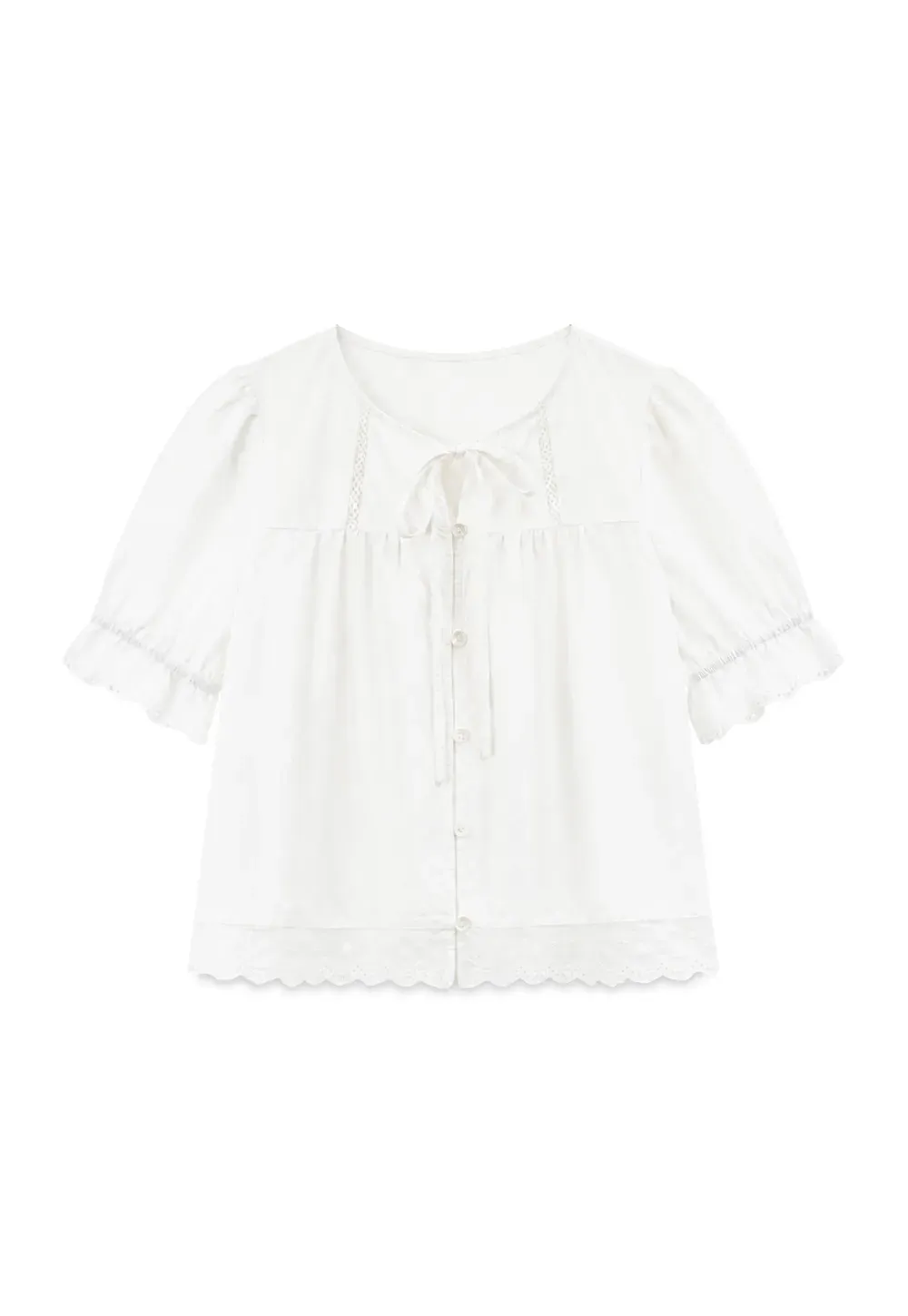 Lace Trim Puffed Sleeve Button Front Shirt
