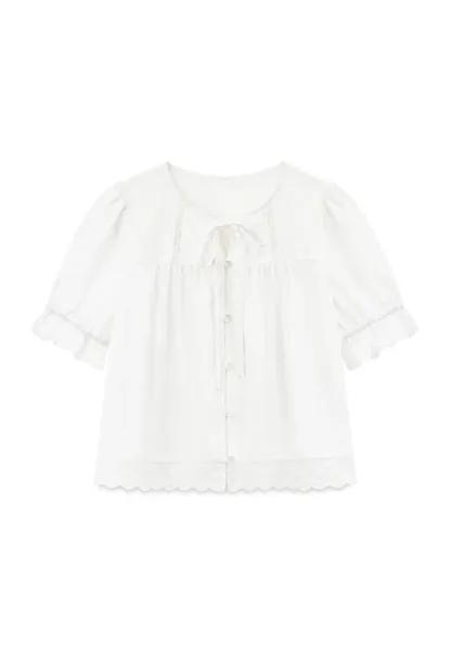 Lace Trim Puffed Sleeve Button Front Shirt