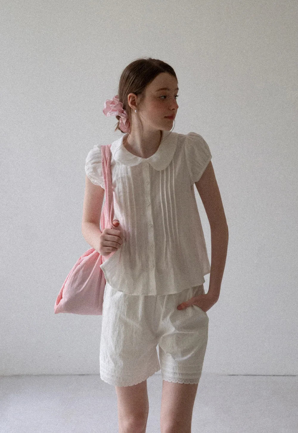 Pleated Front Peter Pan Collar Short Sleeve Shirt