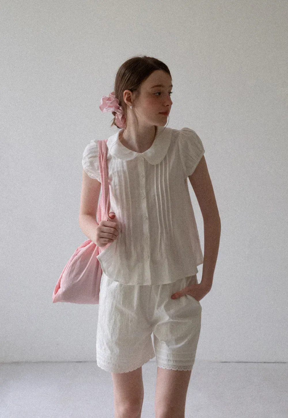 Pleated Front Peter Pan Collar Short Sleeve Shirt