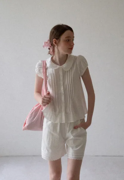 Pleated Front Peter Pan Collar Short Sleeve Shirt