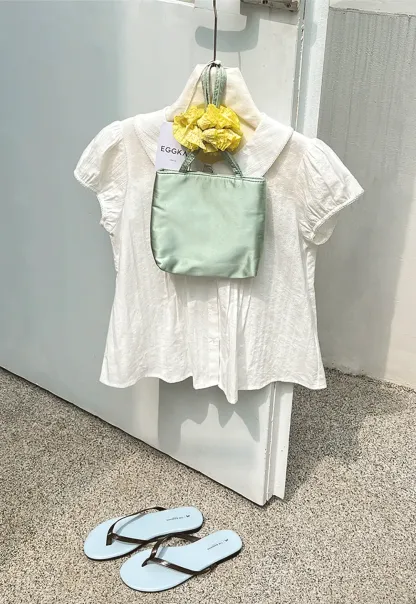 Pleated Front Peter Pan Collar Short Sleeve Shirt