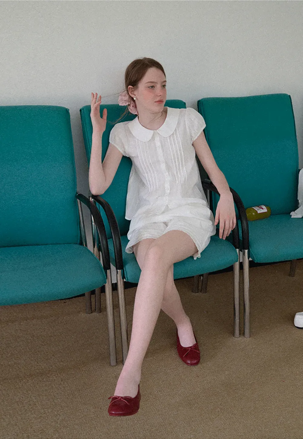 Pleated Front Peter Pan Collar Short Sleeve Shirt