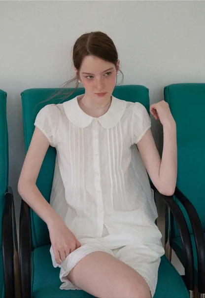 Pleated Front Peter Pan Collar Short Sleeve Shirt