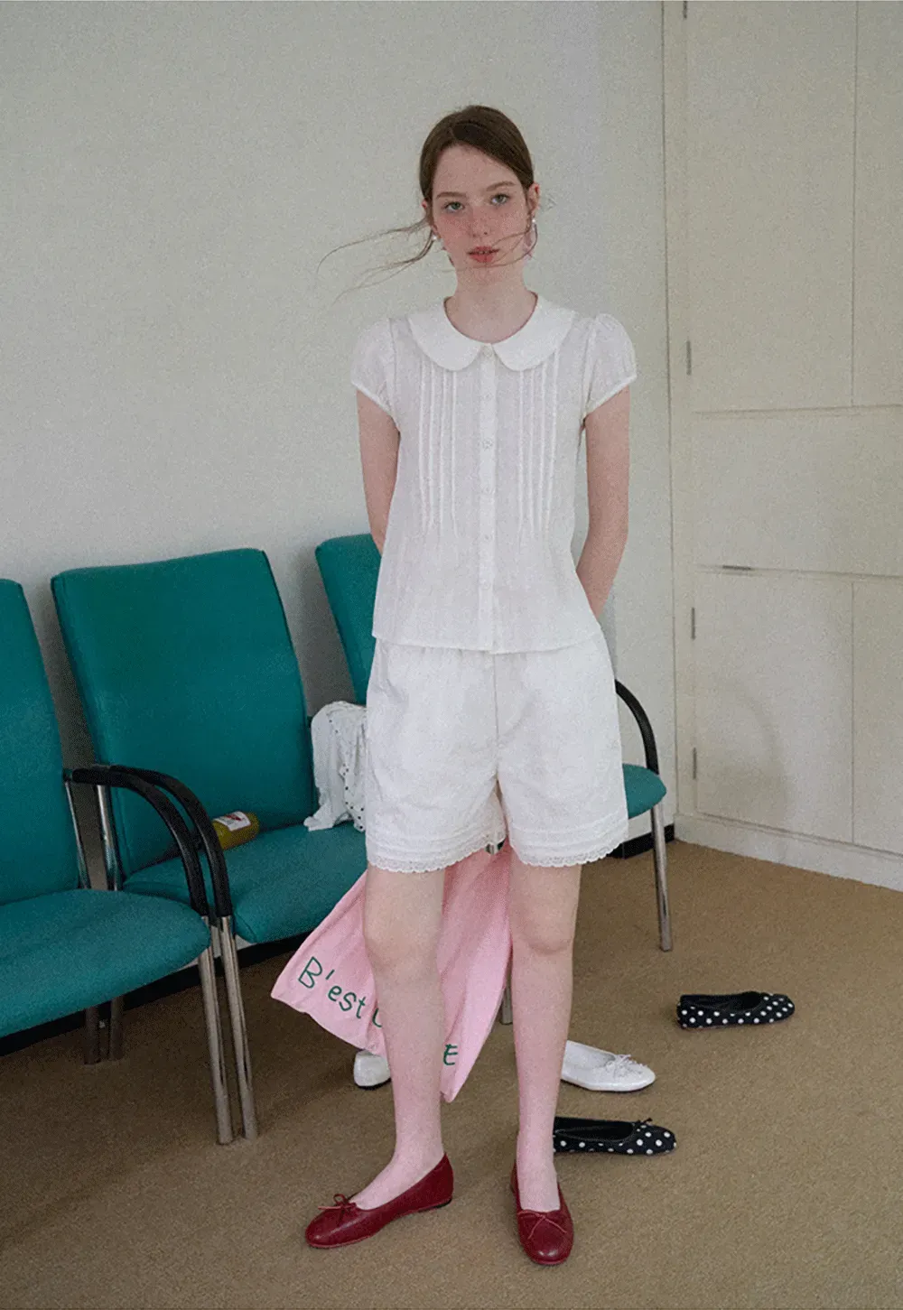 Pleated Front Peter Pan Collar Short Sleeve Shirt