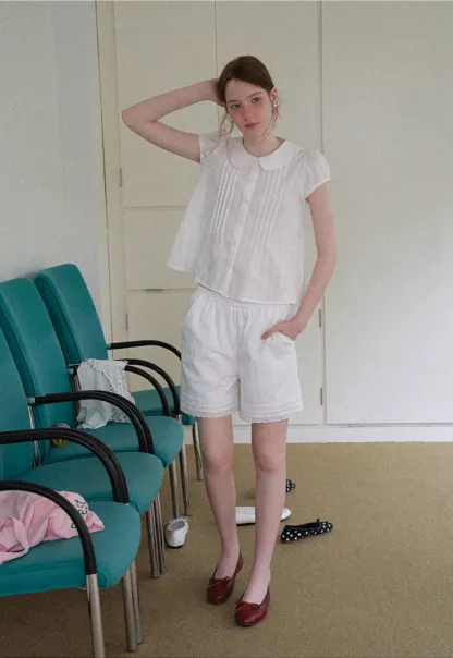 Pleated Front Peter Pan Collar Short Sleeve Shirt