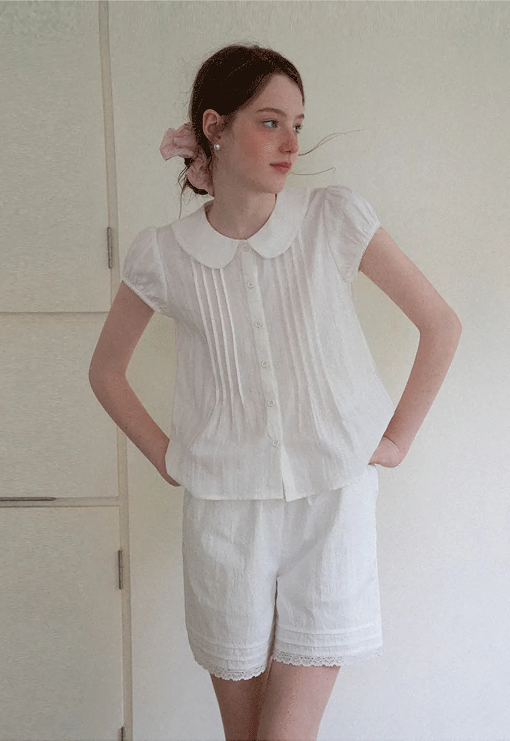 Pleated Front Peter Pan Collar Short Sleeve Shirt
