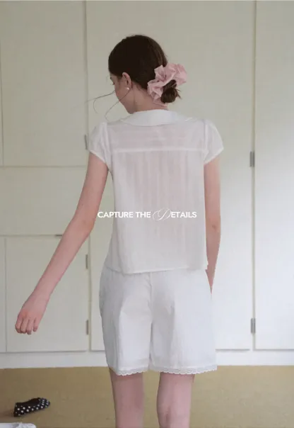 Pleated Front Peter Pan Collar Short Sleeve Shirt