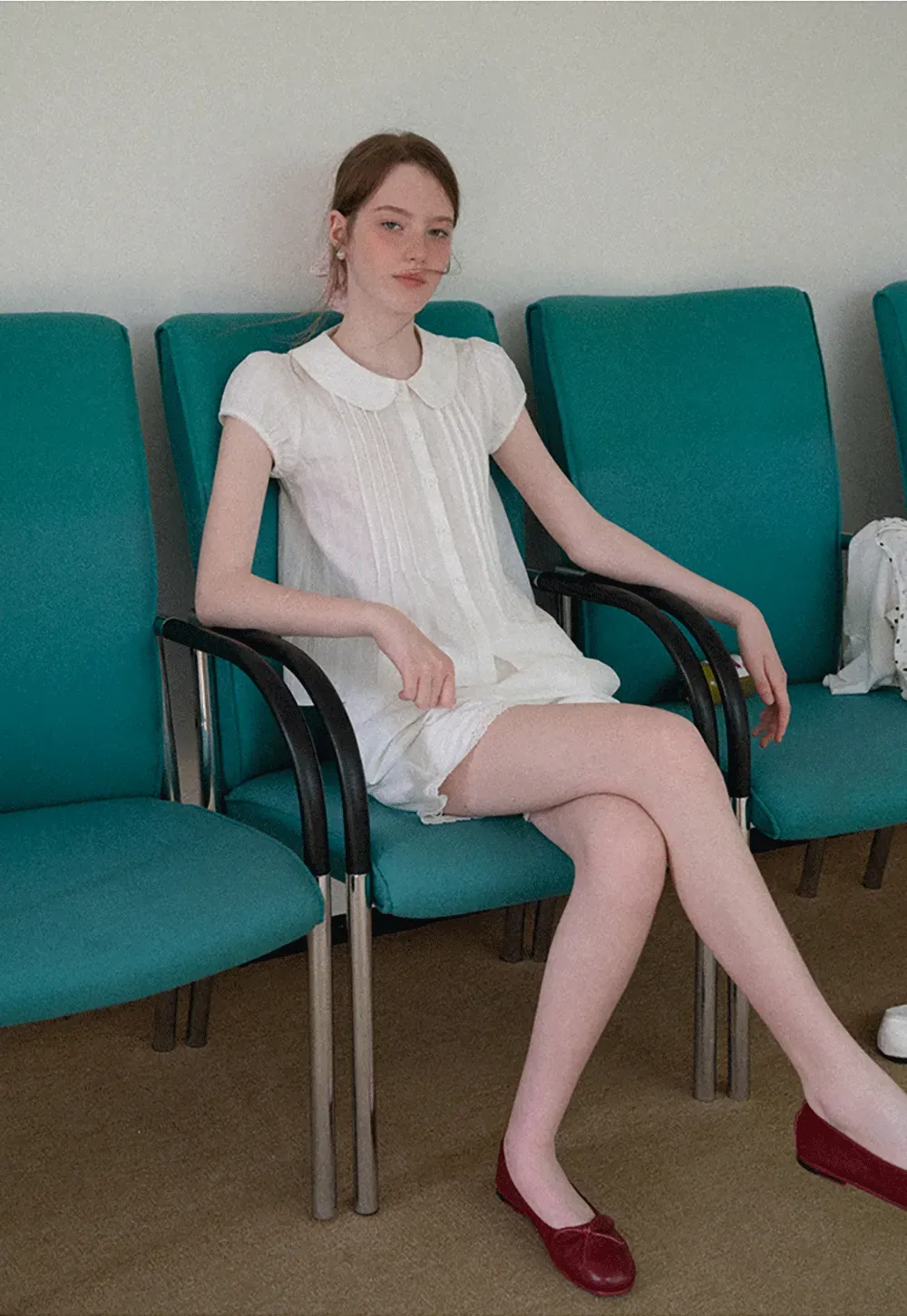 Pleated Front Peter Pan Collar Short Sleeve Shirt