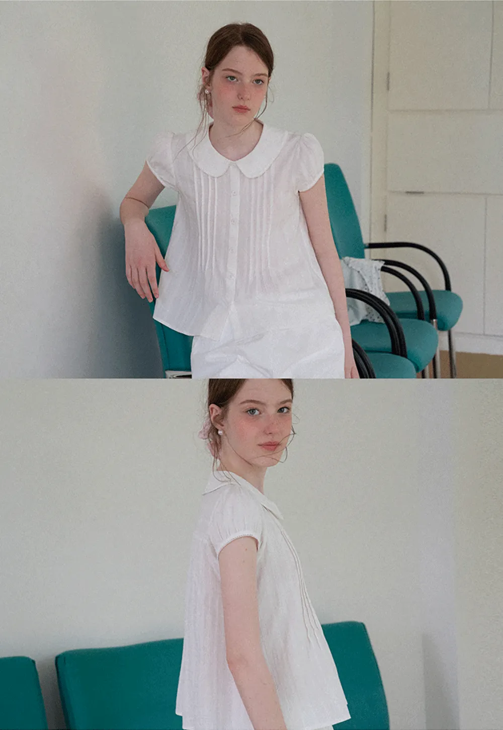 Pleated Front Peter Pan Collar Short Sleeve Shirt