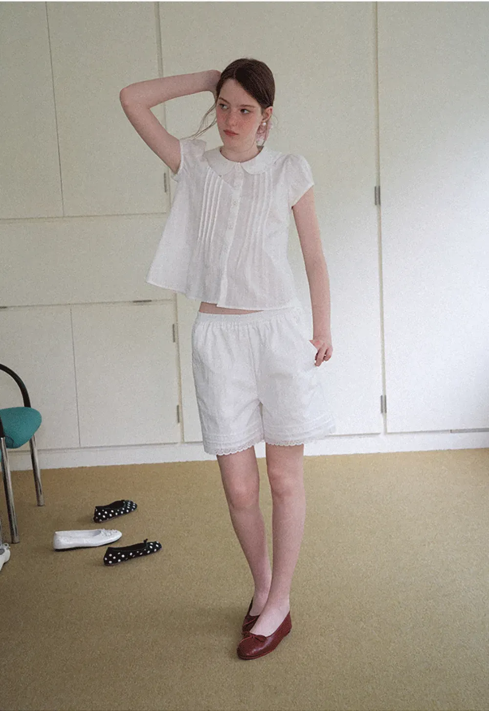 Pleated Front Peter Pan Collar Short Sleeve Shirt